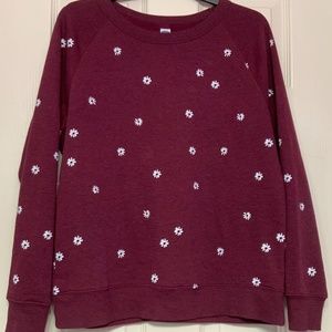 Old Navy Burgundy Daisy Flower Printed Crewneck Sw